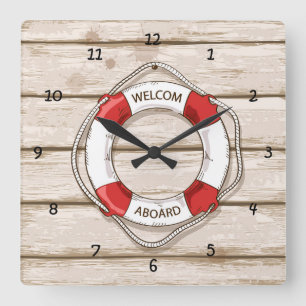 Very Fun Simulated Wood Plank w/Life Preserver Quadratische Wanduhr