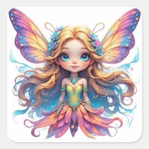 Verzaubernde Fantasy-Fee mit farbenfrohen Flügeln Quadratischer Aufkleber