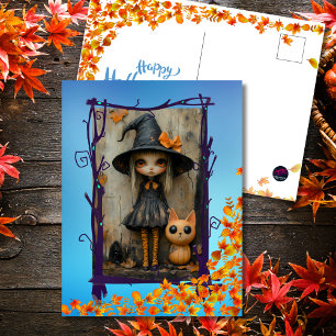 Verzaubernde Halloween-Hexen-Girl & Kürbis-Katze Feiertagspostkarte