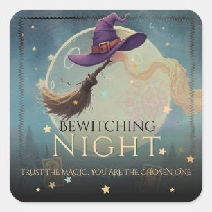 Verzaubernde Halloween-Nacht-Hexenhut & Besen Quadratischer Aufkleber