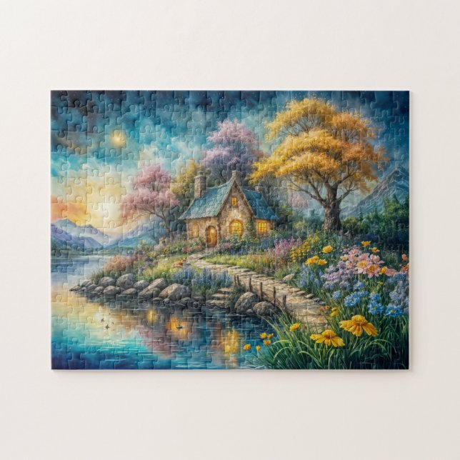 Verzaubernde Hütte durch den Moonlit Stream Puzzle (Horizontal)
