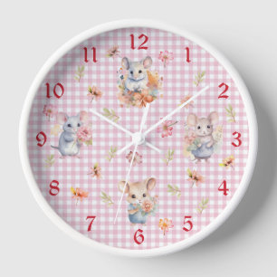 Verzaubernde Mäuse auf rosa Gingham-Karo-Wanduhr Uhr