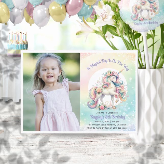 Verzauberndes Pastel Radiant Rainbow Einhorn Foto Einladung (Enchanting Pastel Radiant Rainbow Unicorn Photo Invitation)