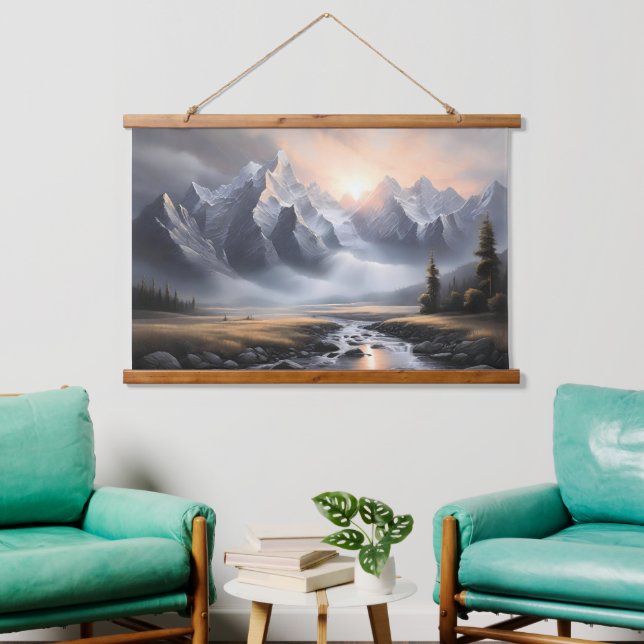 Verzauberte Berglandschaft Whimsikale Zuhause Wandteppich Mit Holzrahmen (Wohnzimmer)