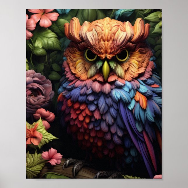 Verzauberte Blumeneule – Lebendige Fantasy-Waldkun Poster (Vorne)