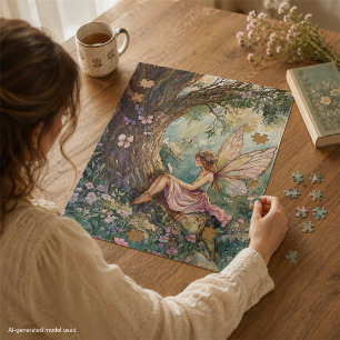 Verzauberte Fee in Rosa, umgeben von Blume Puzzle