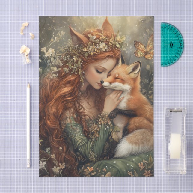 Verzauberte Fuchsfee mit Schmetterlings-Decoupage Seidenpapier (Handwerk)