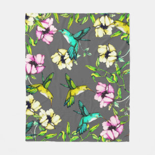Verzauberte Gartenwatercolor-Kolibris u. Blumen Fleecedecke