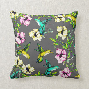 Verzauberte Gartenwatercolor-Kolibris u. Blumen Kissen