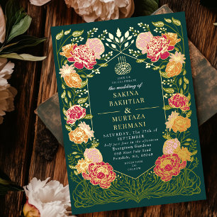 Verzauberte grüne Garten-Blumen-Muslim-Hochzeit Folieneinladung