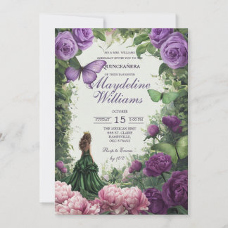 Verzauberte lila Schmetterlings-Quinceañera-Einlad Einladung