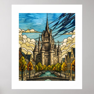 Verzauberte mittelalterliche Burg Buntglas Kanal I Poster