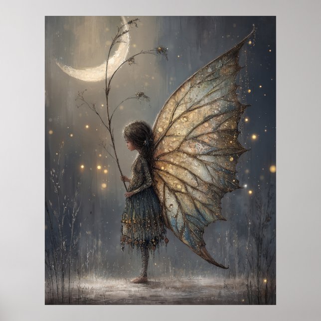 Verzauberte mondbeschienene Waldfee im Wasserfarbe Poster (Vorne)