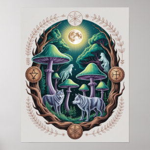 Verzauberte mondbeschienene Wölfe und psychedelisc Poster