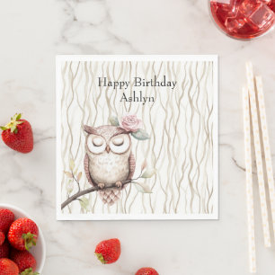 Verzauberte rosa Blume Owl Geburtstag Serviette
