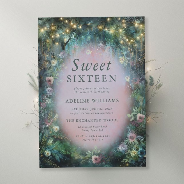 Verzauberte Rose aus dem Wald Misty Pink Green Swe Einladung (enchanted forest sweet sixteen invite wild roses misty pink emerald green magical woodland fairytale)