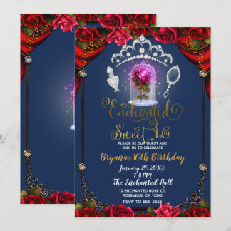 Verzauberte Rose Schönheit Sweet 16 Party Blue Gol Einladung