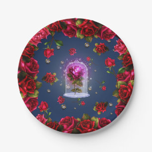Verzauberte rote Rose & Diamant-Bling Elegante Par Pappteller