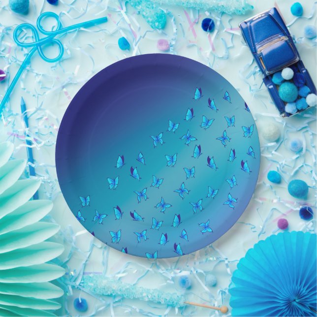 Verzauberte Schmetterlinge, blaue Papierplatte Pappteller (Party)