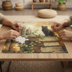 Verzauberte Schwarze Katzenbibliothek Puzzle