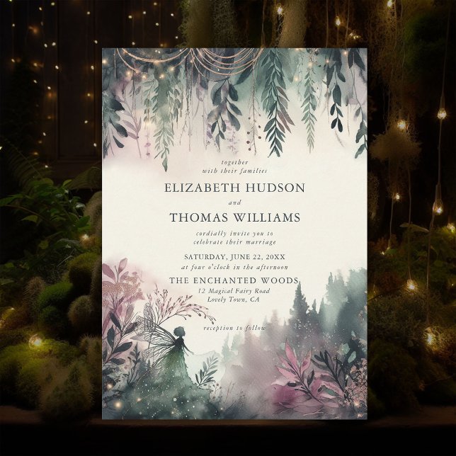 Verzauberte Waldberge Magische Heirat der Fee Einladung (enchanted forest fairy wedding invitation watercolor mountains woods magical fairytale emerald gold )