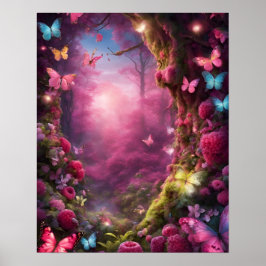 Verzauberte Waldmagie FUSHIA Schmetterlinge Blume Poster