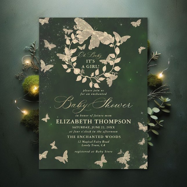 Verzauberte Waldschmetterlinge Foliage Baby Dusche Einladung (Enchanted Forest Hunter Green Greenery Butterflies Modern Calligraphy Baby Shower Invitation)