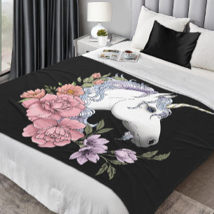Verzauberte weiße Einhorn-Blumen Rosa Schwarz Fleecedecke