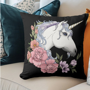 Verzauberte weiße Einhorn-Blumen Rosa Schwarz Kissen