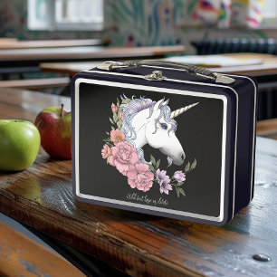 Verzauberte weiße Einhorn-Blumen Rosa Schwarz Metall Brotdose