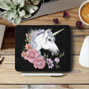 Verzauberte weiße Einhorn-Blumen Rosa Schwarz Mousepad