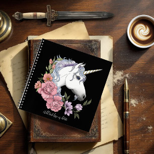 Verzauberte weiße Einhorn-Blumen Rosa Schwarz Notizbuch