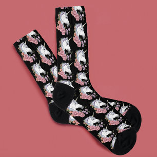 Verzauberte weiße Einhorn-Blumen Rosa Schwarz Socken