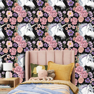 Verzauberte weiße Einhorn-Blumen Rosa Schwarz Tapete