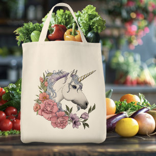 Verzauberte weiße Einhorn-Blumen Rosa Schwarz Tragetasche