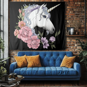 Verzauberte weiße Einhorn-Blumen Rosa Schwarz Wandteppich