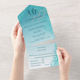 Verzauberter 10. Geburtstag Türkisblauer Glitter All In One Einladung