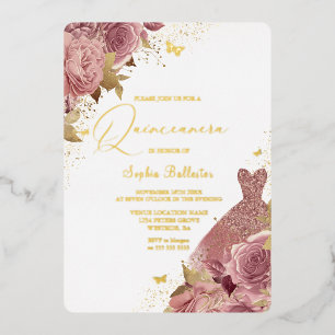 Verzauberter Blush Kleid Floral Quinceanera Echtgo Folieneinladung