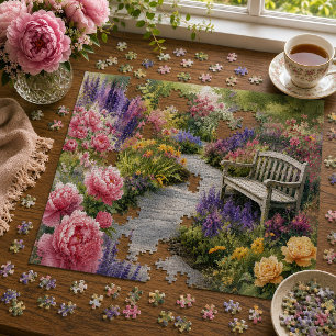Verzauberter Cottage-Gartenweg & Bank Blumenmuster Puzzle