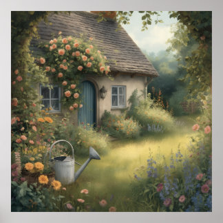 Verzauberter englischer Cottage-Garten mit Rosenpo Poster