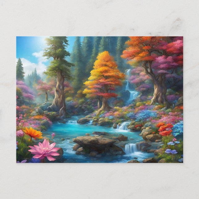 Verzauberter Fantasy-Wald, Wasserfall, Blumen  Postkarte (Vorderseite)