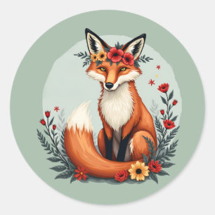 Verzauberter Floraler Fuchs Waldvolkskunst Runder Aufkleber