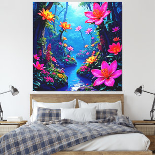 Verzauberter Fluss im blühenden Wald Kunst Leinwanddruck
