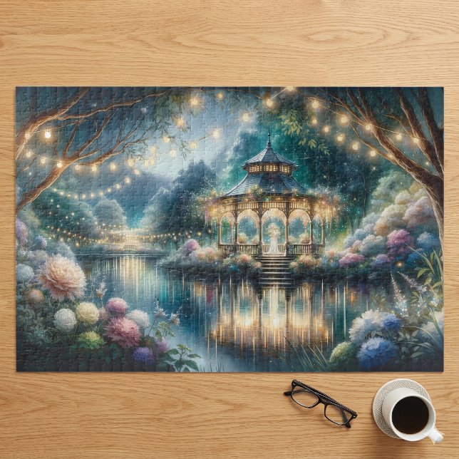 Verzauberter Gartenpavillon - Twilight Reflection Puzzle (Enchanted Garden Gazebo Twilight Reflection Jigsaw Puzzle On Table)