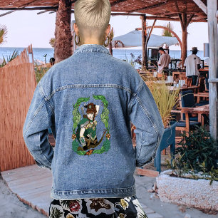Verzauberter grüner Fantasy-Waldland-Bogenschütze- Jeansjacke