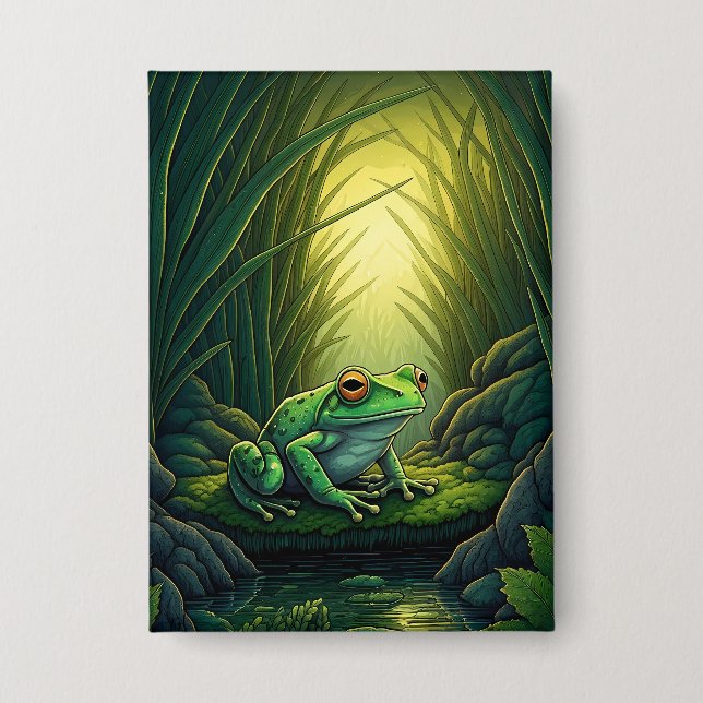 Verzauberter grüner Frosch in einem Wald Button (Vorderseite)