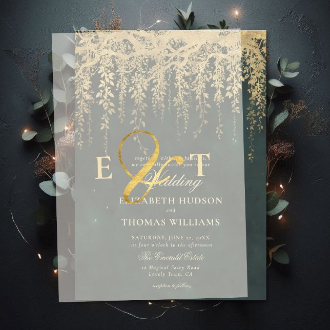 Verzauberter Hängender Goldgrüner Hochzeit Wald (enchanted forest wedding invitation vellum cover gold ampersand initials)