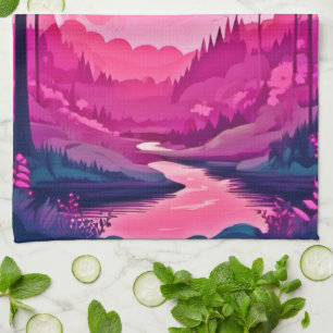 Verzauberter Rosa Mond: Cartoon-Kunst Geschirrtuch