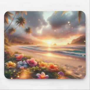 Verzauberter tropischer Strand mit magischem Hibis Mousepad