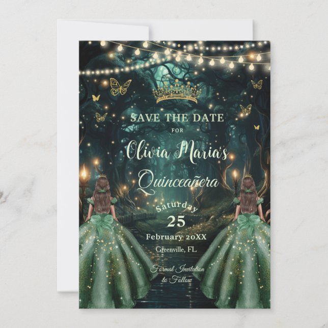 Verzauberter Wald Emerald Green Twins Quinceañera Save The Date (Vorderseite)